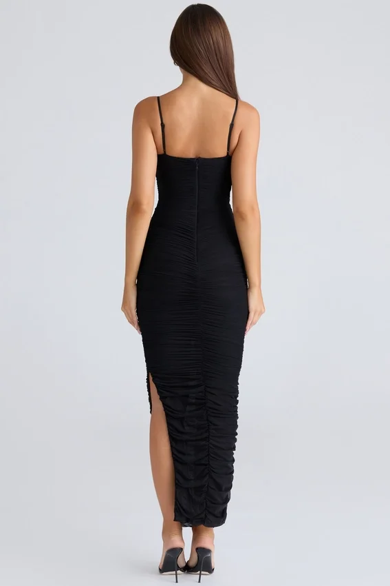 Fornarina Black Gathered Stretch Mesh Maxi Dress Fornarina Black Gathered Stretch Mesh Maxi Dress
