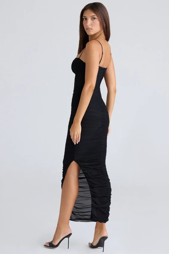 Fornarina Black Gathered Stretch Mesh Maxi Dress Fornarina Black Gathered Stretch Mesh Maxi Dress