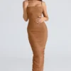 Fornarina Tan Gathered Stretch Mesh Maxi Dress