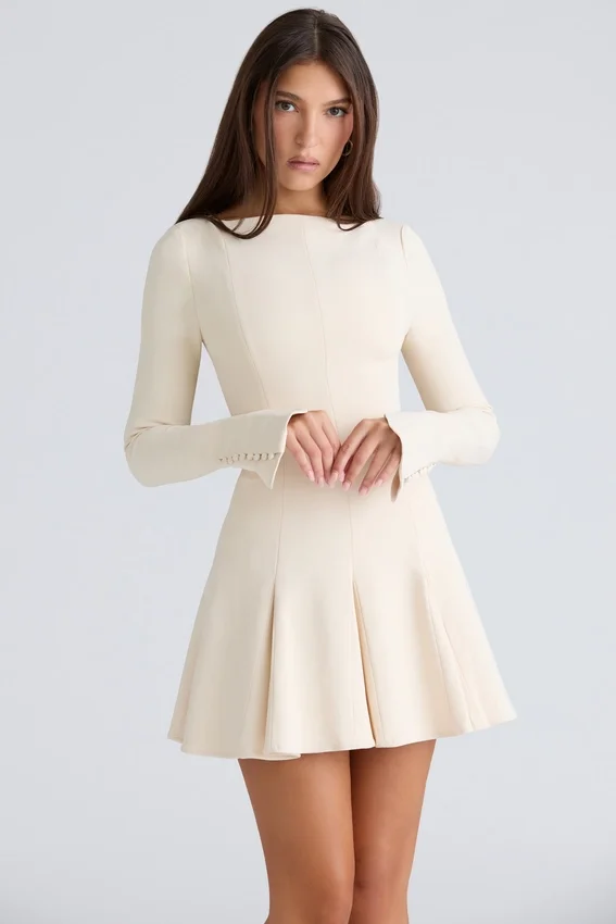 Francesca Vintage Cream Stretch Crepe Godet Mini Dress Francesca Vintage Cream Stretch Crepe Godet Mini Dress