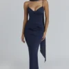 Freya Navy Satin Gathered Maxi Dress + Scarf