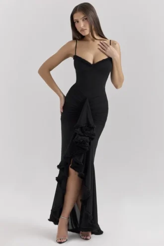 Gabbi Black Mesh Ruffled Front Gown