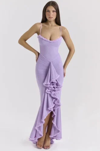 Gabbi Orchid Mesh Ruffled Front Gown