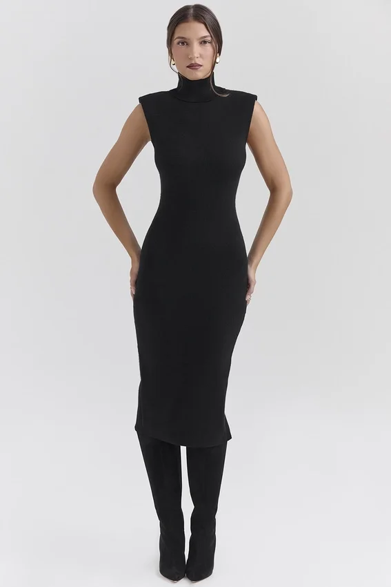 Gaia Black Cashmere Blend Turtle Neck Midi Dress Gaia Black Cashmere Blend Turtle Neck Midi Dress