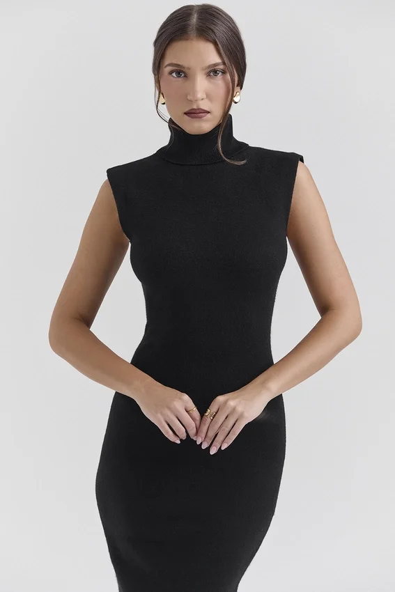 Gaia Black Cashmere Blend Turtle Neck Midi Dress Gaia Black Cashmere Blend Turtle Neck Midi Dress