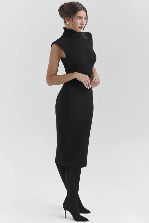 Gaia Black Cashmere Blend Turtle Neck Midi Dress Gaia Black Cashmere Blend Turtle Neck Midi Dress