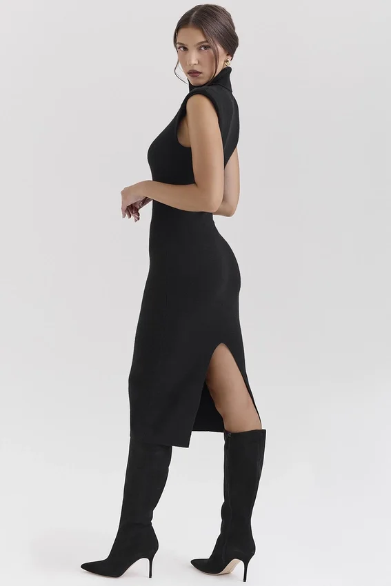 Gaia Black Cashmere Blend Turtle Neck Midi Dress Gaia Black Cashmere Blend Turtle Neck Midi Dress