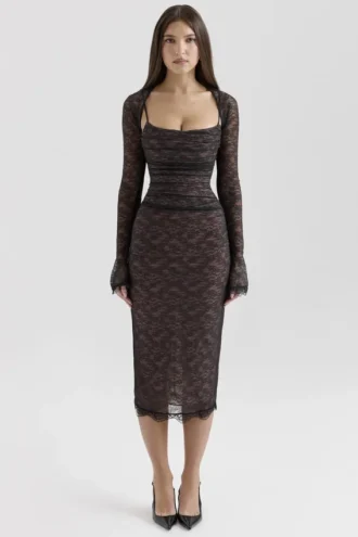 Gaia Black Lace Corset Midi Dress