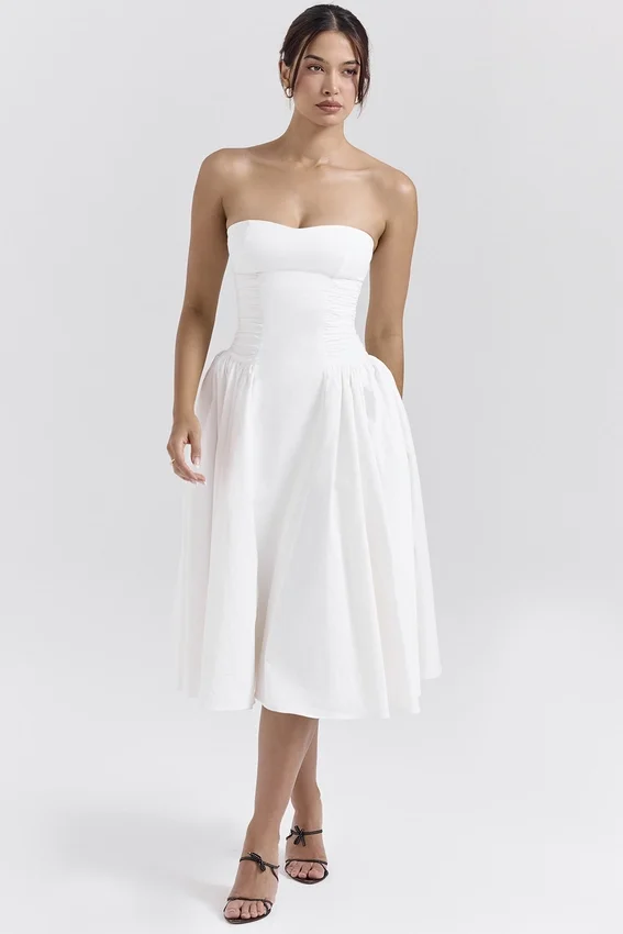 Georgiana White Cotton Strapless Midi Sundress Georgiana White Cotton Strapless Midi Sundress