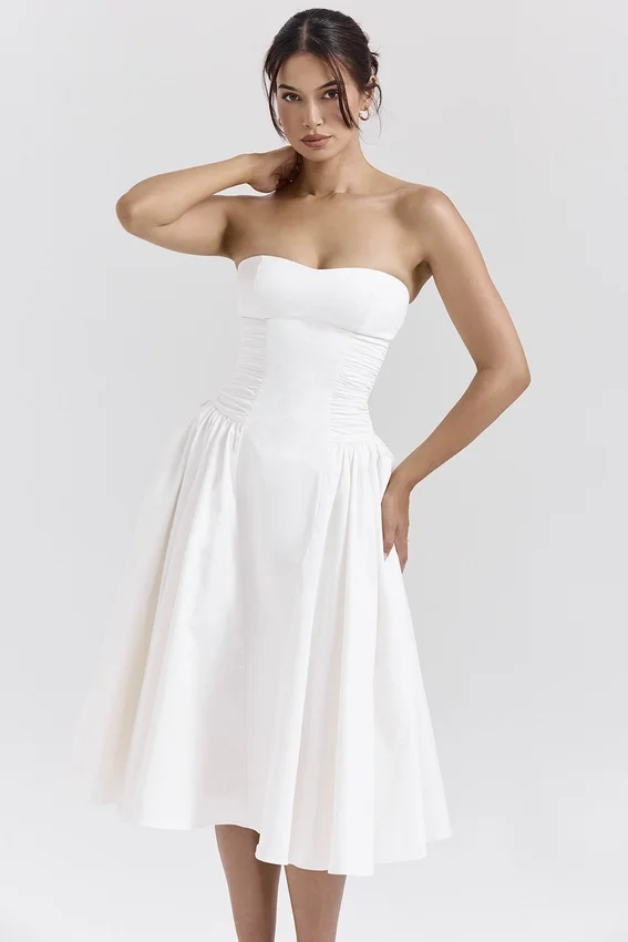 Georgiana White Cotton Strapless Midi Sundress Georgiana White Cotton Strapless Midi Sundress