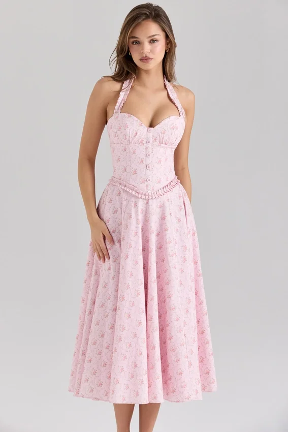 Georgie Pink Rose Print Stretch Cotton Halter Neck Midi Dress Georgie Pink Rose Print Stretch Cotton Halter Neck Midi Dress