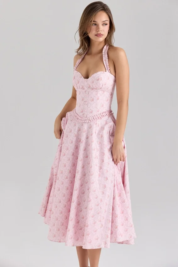Georgie Pink Rose Print Stretch Cotton Halter Neck Midi Dress Georgie Pink Rose Print Stretch Cotton Halter Neck Midi Dress