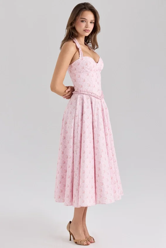 Georgie Pink Rose Print Stretch Cotton Halter Neck Midi Dress Georgie Pink Rose Print Stretch Cotton Halter Neck Midi Dress