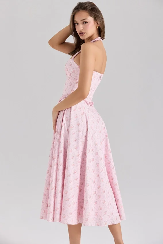 Georgie Pink Rose Print Stretch Cotton Halter Neck Midi Dress Georgie Pink Rose Print Stretch Cotton Halter Neck Midi Dress