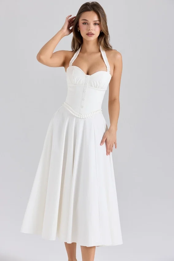 Georgie White Stretch Cotton Halter Neck Midi Dress Georgie White Stretch Cotton Halter Neck Midi Dress