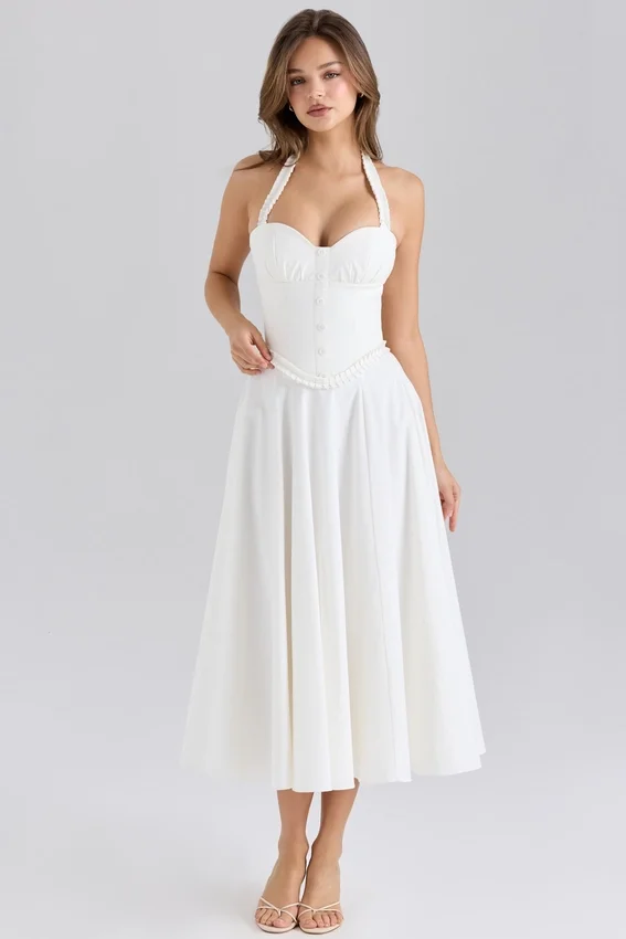 Georgie White Stretch Cotton Halter Neck Midi Dress Georgie White Stretch Cotton Halter Neck Midi Dress