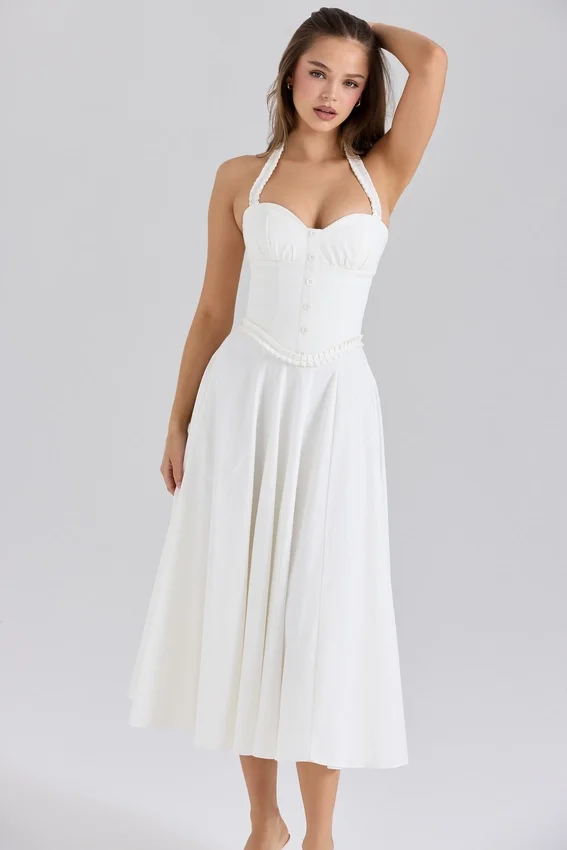 Georgie White Stretch Cotton Halter Neck Midi Dress Georgie White Stretch Cotton Halter Neck Midi Dress