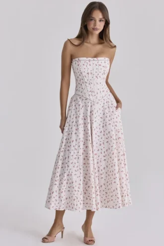 Gina White Rose Print Strapless Cotton Maxi Dress