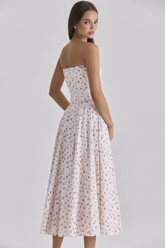 Gina White Rose Print Strapless Cotton Maxi Dress Gina White Rose Print Strapless Cotton Maxi Dress