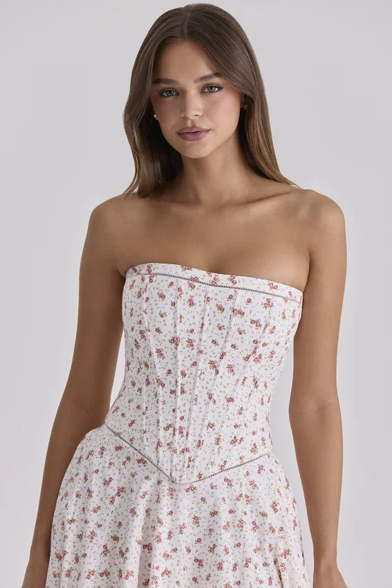 Gina White Rose Print Strapless Cotton Maxi Dress Gina White Rose Print Strapless Cotton Maxi Dress