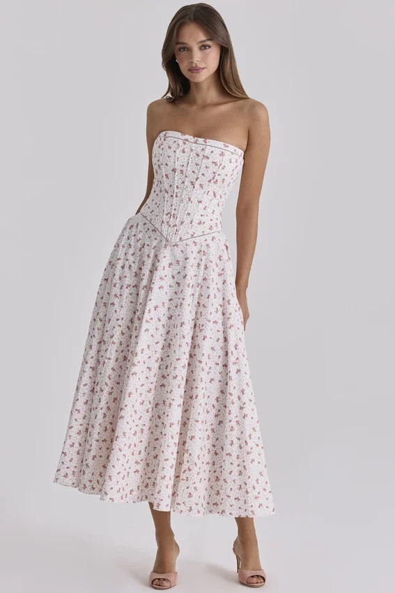 Gina White Rose Print Strapless Cotton Maxi Dress Gina White Rose Print Strapless Cotton Maxi Dress