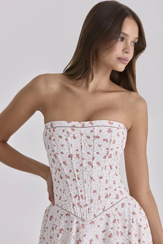 Gina White Rose Print Strapless Cotton Maxi Dress Gina White Rose Print Strapless Cotton Maxi Dress