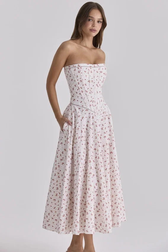 Gina White Rose Print Strapless Cotton Maxi Dress Gina White Rose Print Strapless Cotton Maxi Dress