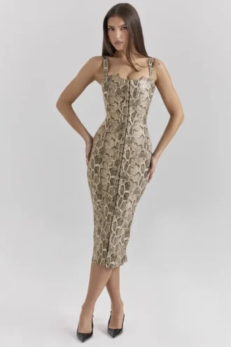 Gracie Snakeskin Print Vegan Leather Midi Dress