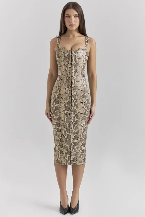 Gracie Snakeskin Print Vegan Leather Midi Dress Gracie Snakeskin Print Vegan Leather Midi Dress