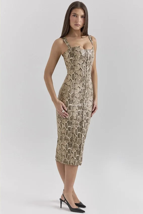 Gracie Snakeskin Print Vegan Leather Midi Dress Gracie Snakeskin Print Vegan Leather Midi Dress