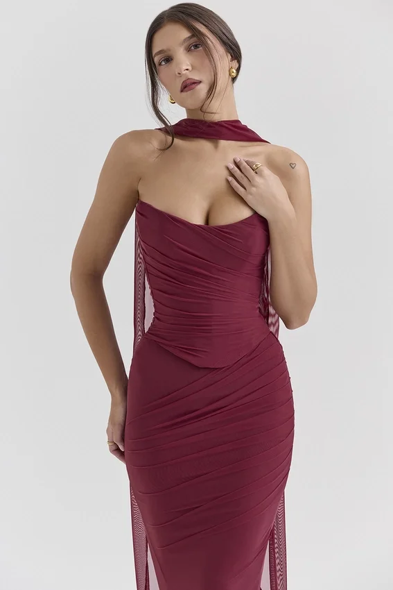 Hallie Cabernet Strapless Corset with Neck Scarf Hallie Cabernet Strapless Corset with Neck Scarf