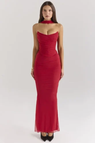 Cassidy Holly Red Mesh Maxi Skirt with Fluted Hem Cassidy Holly Red Mesh Maxi Skirt with Fluted Hem