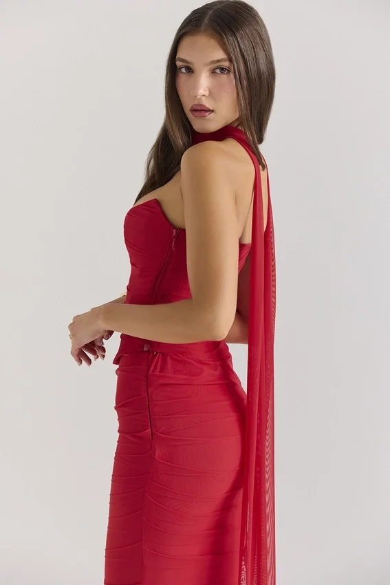 Hallie Holly Red Strapless Corset Top with Detachable Neck Scarf Hallie Holly Red Strapless Corset Top with Detachable Neck Scarf