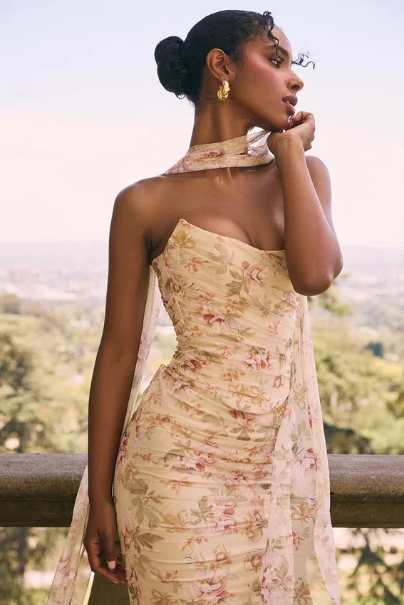 Hallie Honeyflower Print Strapless Corset With Neck Scarf Hallie Honeyflower Print Strapless Corset With Neck Scarf