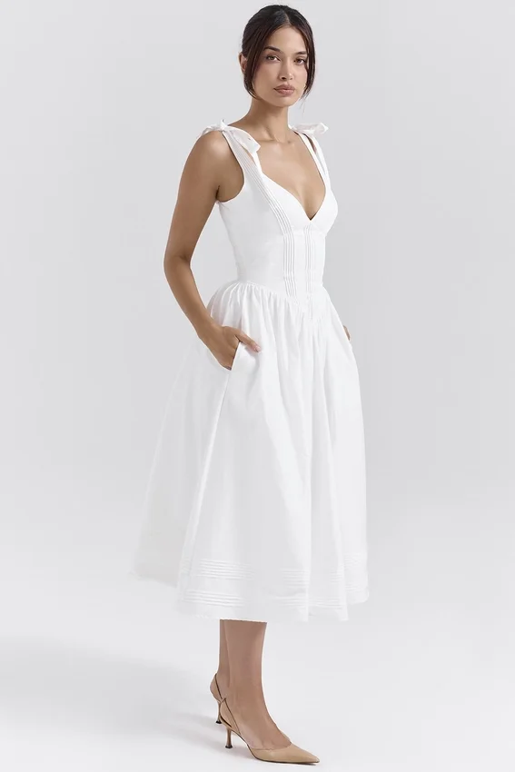 Hattie White Pin Tuck Cotton Midi Sundress Hattie White Pin Tuck Cotton Midi Sundress