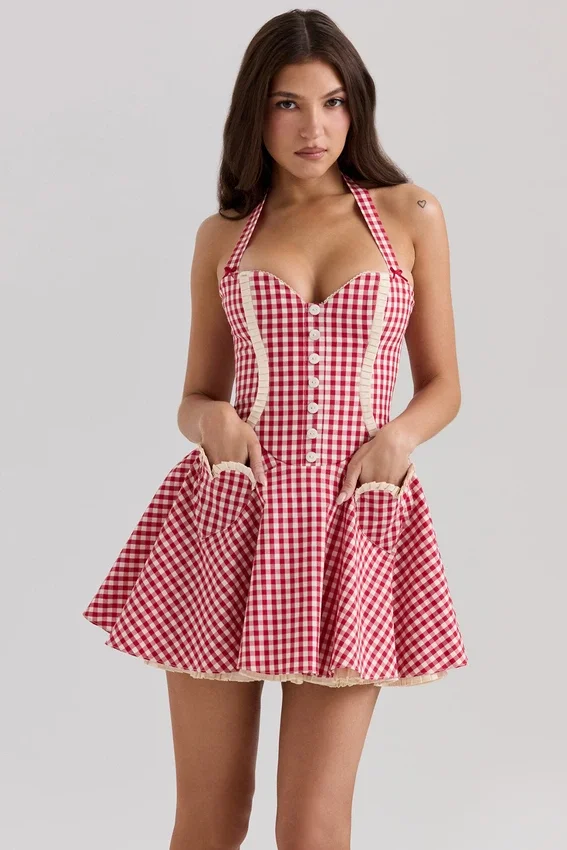 Heidi Red Gingham Cotton Halter Neck Mini Dress Heidi Red Gingham Cotton Halter Neck Mini Dress