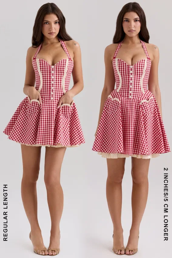 Heidi Red Gingham Cotton Halter Neck Mini Dress Heidi Red Gingham Cotton Halter Neck Mini Dress