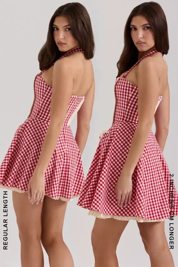 Heidi Red Gingham Cotton Halter Neck Mini Dress Heidi Red Gingham Cotton Halter Neck Mini Dress