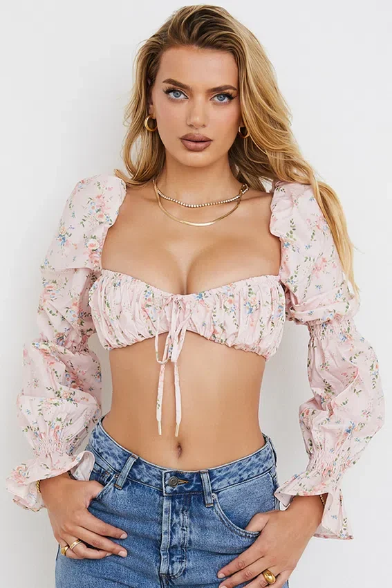 Henrietta Pink Floral Shirred Bralette Top Henrietta Pink Floral Shirred Bralette Top