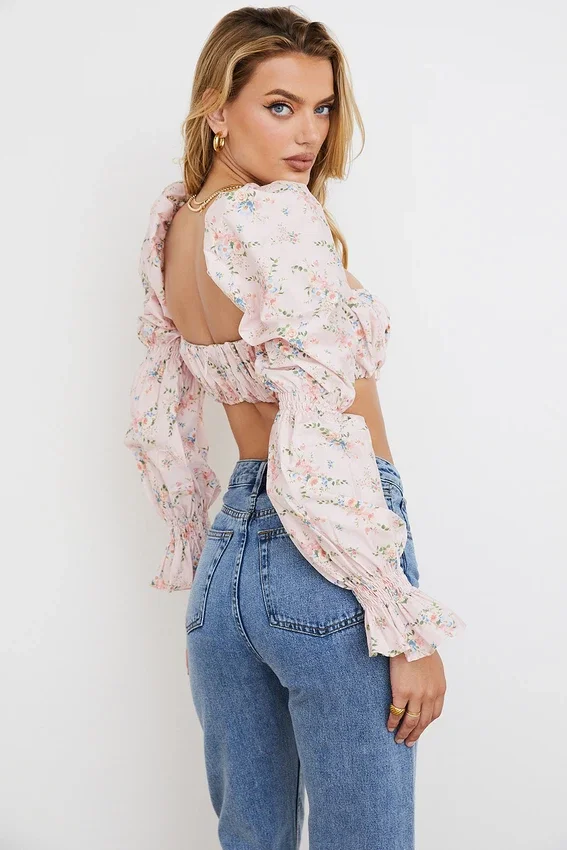 Henrietta Pink Floral Shirred Bralette Top Henrietta Pink Floral Shirred Bralette Top