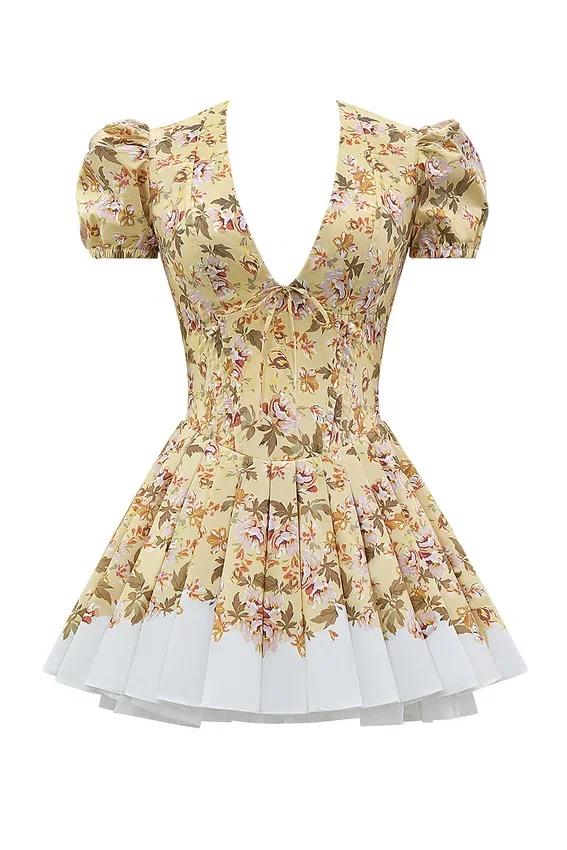 Imani Honeyflower Print Pleated Cotton Mini Dress Imani Honeyflower Print Pleated Cotton Mini Dress