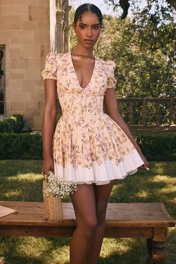 Imani Honeyflower Print Pleated Cotton Mini Dress Imani Honeyflower Print Pleated Cotton Mini Dress