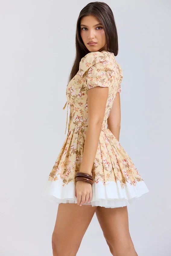 Imani Honeyflower Print Pleated Cotton Mini Dress Imani Honeyflower Print Pleated Cotton Mini Dress