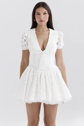 Imani White Pleated Broderie Anglais Mini Dress