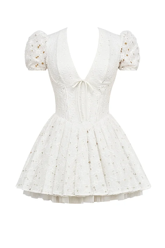 Imani White Pleated Broderie Anglais Mini Dress Imani White Pleated Broderie Anglais Mini Dress