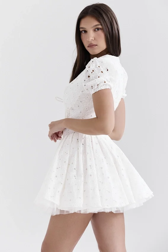 Imani White Pleated Broderie Anglais Mini Dress Imani White Pleated Broderie Anglais Mini Dress