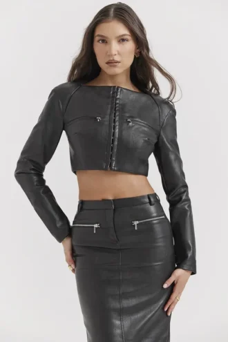 Ione Black Vegan Leather Cropped Top Ione Black Vegan Leather Cropped Top