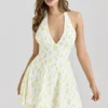 Iris Lemon Floral Print Georgette Halter Neck Mini Dress Iris Lemon Floral Print Georgette Halter Neck Mini Dress