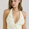 Iris Lemon Floral Print Georgette Halter Neck Mini Dress Iris Lemon Floral Print Georgette Halter Neck Mini Dress
