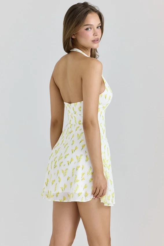 Iris Lemon Floral Print Georgette Halter Neck Mini Dress Iris Lemon Floral Print Georgette Halter Neck Mini Dress
